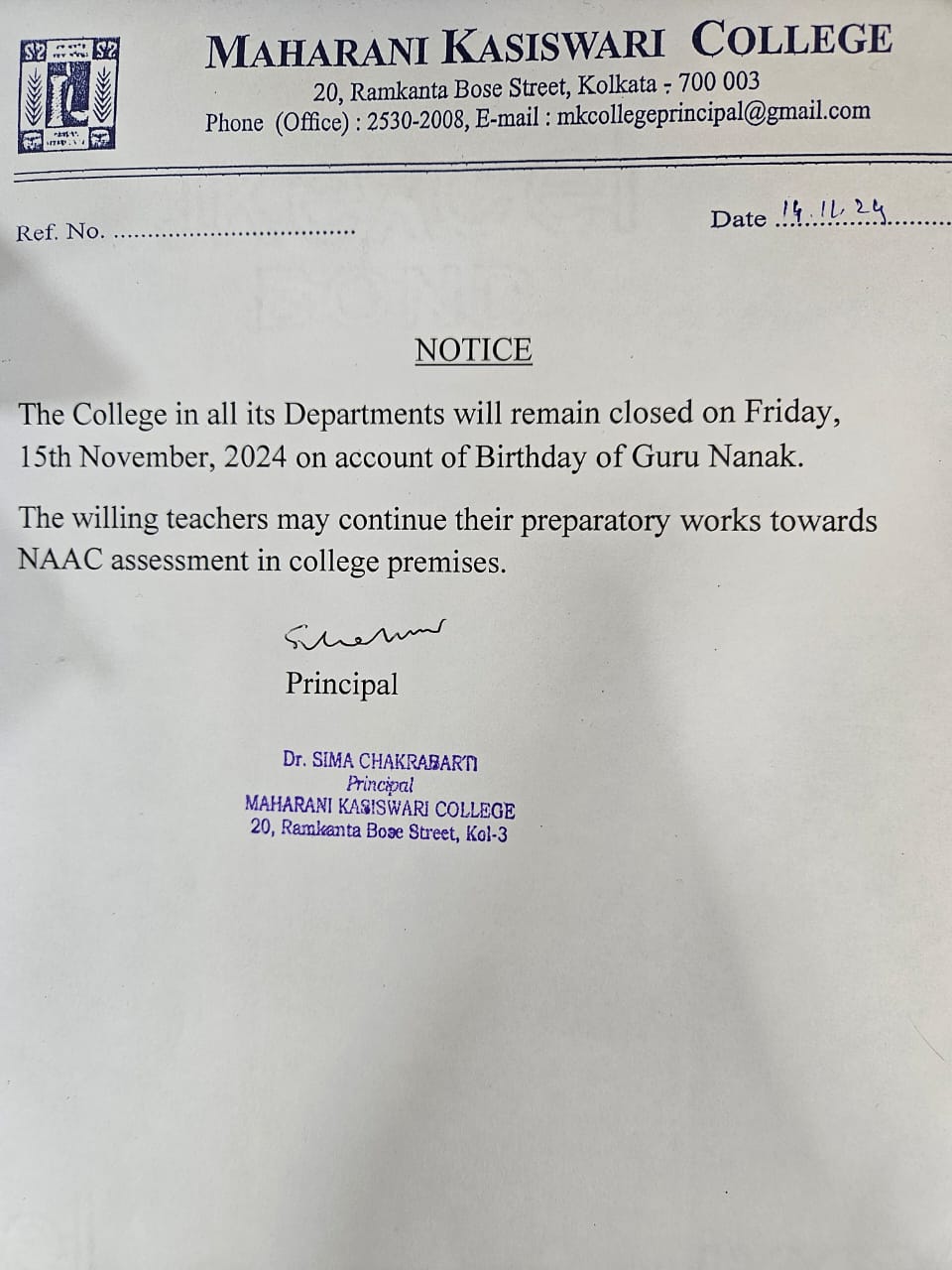 Holiday for Guru Nanak's Birthday Maharani Kasiswari College